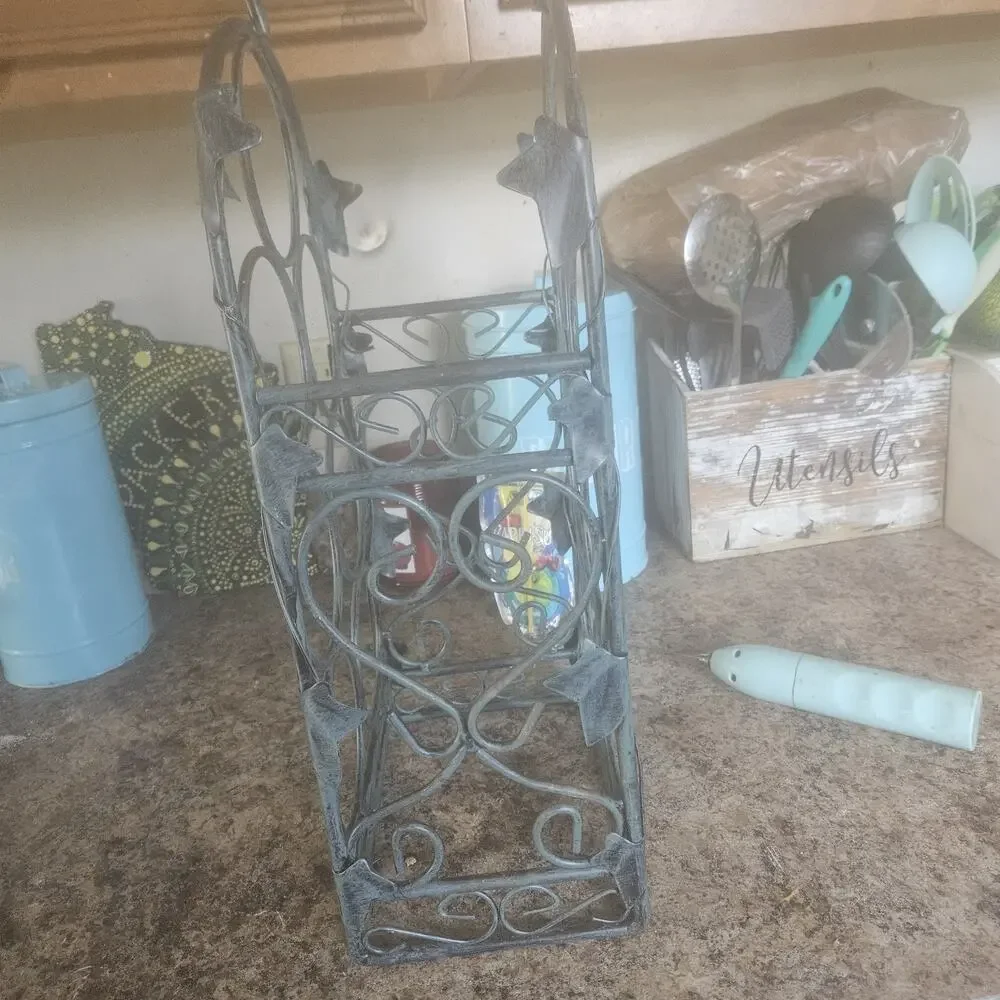 Wrought Iron Wine Rack 7 Bottle Scroll Leaf Countertop Holder Tuscan Decor